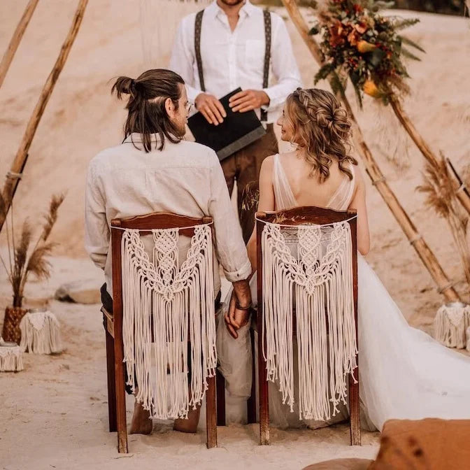 Boho Ceremony Cotton Handmade Backdrop Decor 2 Pieces Macrame Chair Cover Wedding