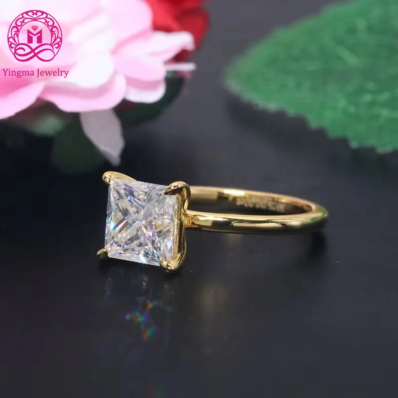 Yingma Jewelry 925 Sterling Silver/14K/18K Yellow Gold 7x7mm Two Carats Moissanite Princess Cut Ring