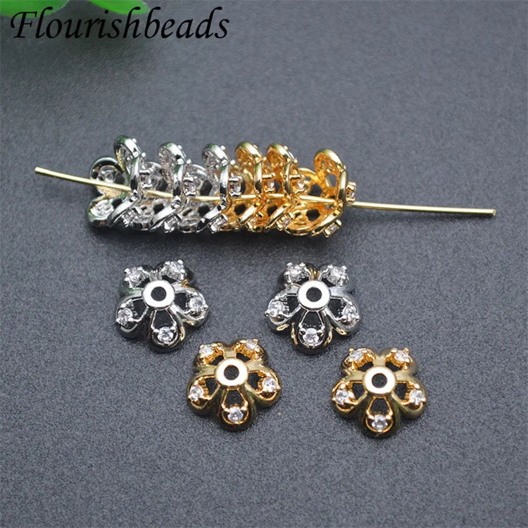 Wholesale Nickel Free Anti Rust Gold Silver Color CZ Pave Flower Beads for Jewelry Earring Bracelet Necklace Making