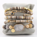 Beautiful Elastic Women Jewelry 6pc Polymer Clay Bracelet Bangle Oval Druzy Bangle Bamboo Agate Stretch Stack Bracelet Set