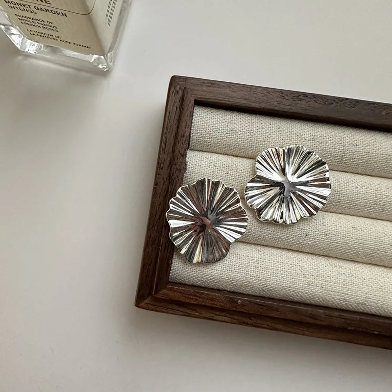 Vintage Big Chunky Flower Stud Earrings for Women 925 Sterling Silver Jewelry