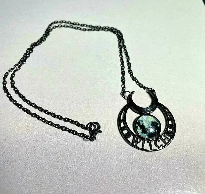 Punk Gothic Witch Black Moon Necklace Triple Moon Goddess Blue Stone Necklace Women Black Moon Necklaces Pendants Jewelry Gift