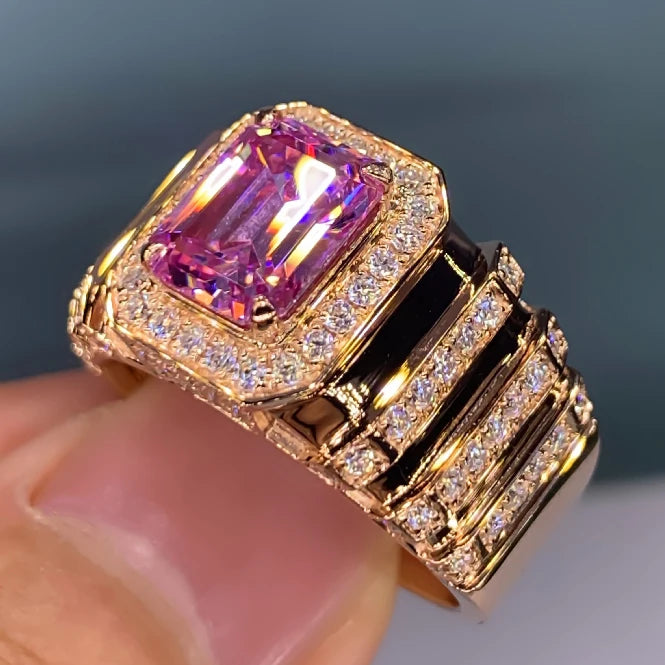 Huitan Hot-Sale Gorgeous Pink Crystal Engagement Ring Women Wedding Luxury Gold Plated Sparkling Cubic Zirconia Jewelry CZ Rings