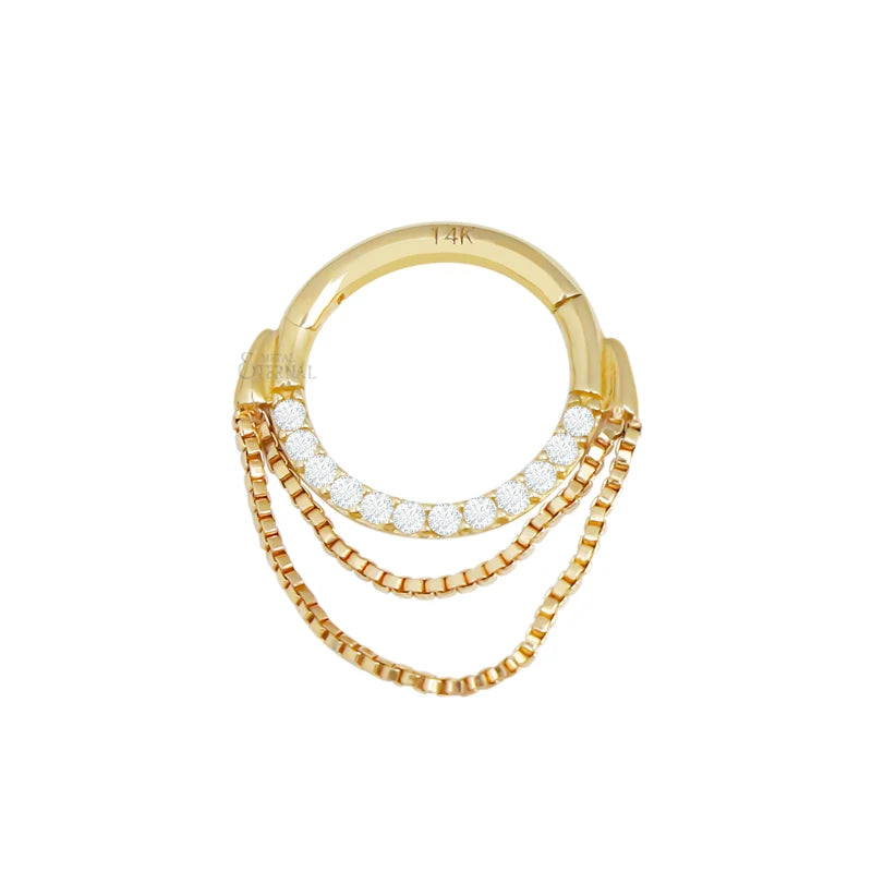 Eternal Metal 14K Solid Gold Front Side CZ Paved Layered Box Chain Hinged Segment Clicker Piercing Jewelry Ring