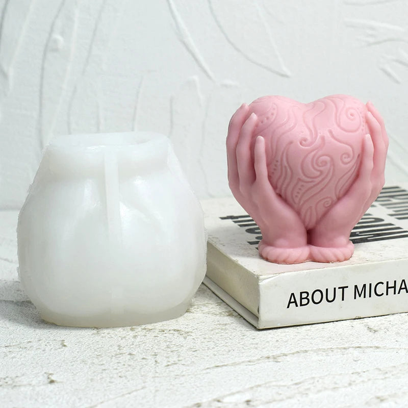 Valentine's DIY Candle Molds 3D Heart Shape Silicone for Gypsum Plaster & Concrete Hand Holding Love Design OPP Bag Packaging