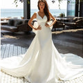 13359#Spaghetti Straps Open Back With Bow Mermaid Sleeveless Deep V-Neck Sweep Train Soft Satin Wedding Dress Bridal Gown