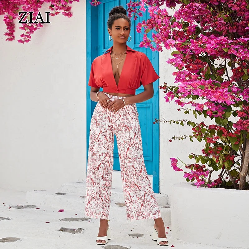 Women's Spring Printed Two-piece Dolman Sleeve New Blouse Street Fashion Casual Suit