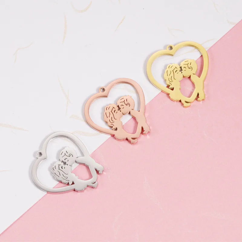 Mirror Stainless Steel Couple DIY Hollow Out love Boy and Girl Kissing Customizable Engraved Pendant Accessories