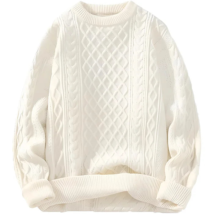 Customized Vintage Cable Knit for Cream Sweater for Women Korean Style Chunky Winter Crewneck Pullover with Front Logo White