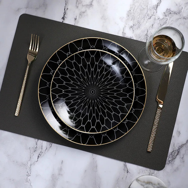 Full Wrap Decal Elegance Fine Quality Black Ceramic Plate Italain Porcelain Dinner Set
