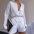Enyami Summer Fall Spring Cozy Fit Cotton Long Sleeve Shirt Blouse Lace-up Shorts Casual 2 Piece Women Co Ord Sets