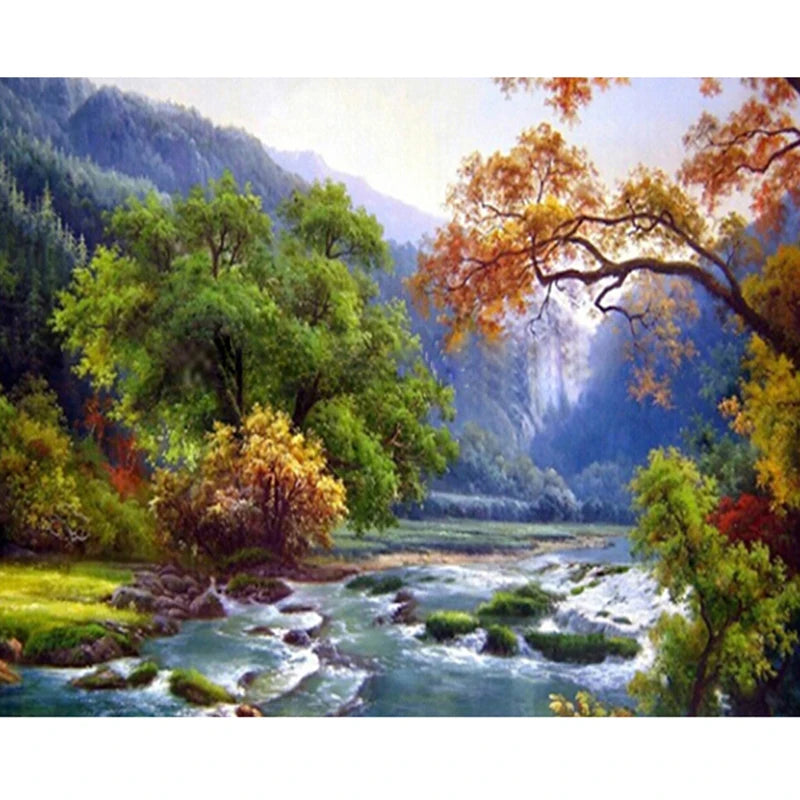 Wholesale 5d Diamond Painting Full Drill the Stream in the Mountain Forest Diamond Embroidery Art Painting Wall Home Decor