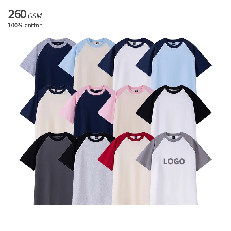 260 Grams Heavyweight 100% Cotton Blank Raglan Sleeve Color Block Men's T-shirts Custom logo