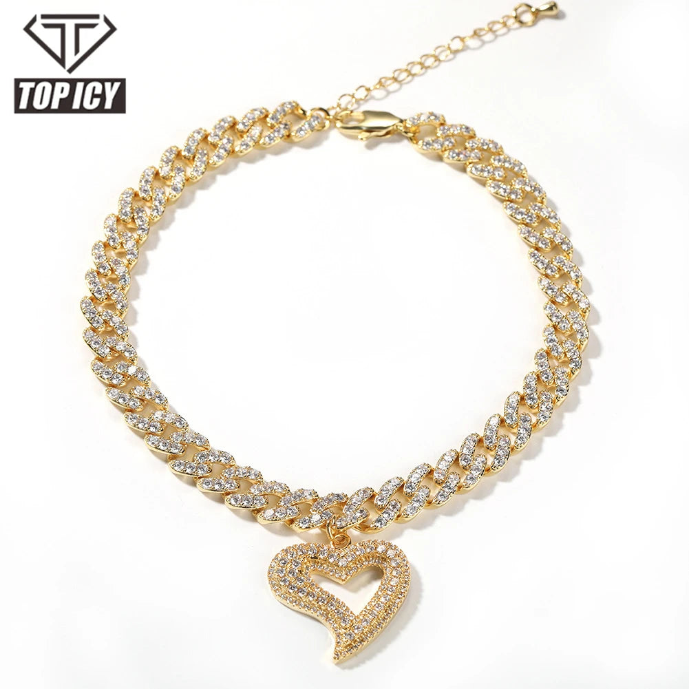 Top Icy 8mm Heart Cuban Anklet Gold Plated AAA Cubic Zircon Diamond Iced Out Hip Hop Women Ankle Chain