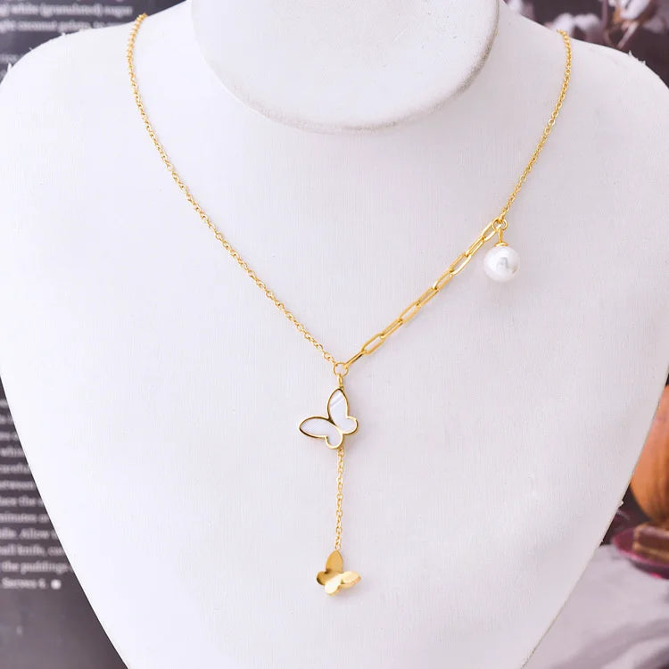 Wholesale Stainless Steel Korean Animal Zodiac Rabbit Pentagram Seashell Tassel Butterfly Camellia Necklace