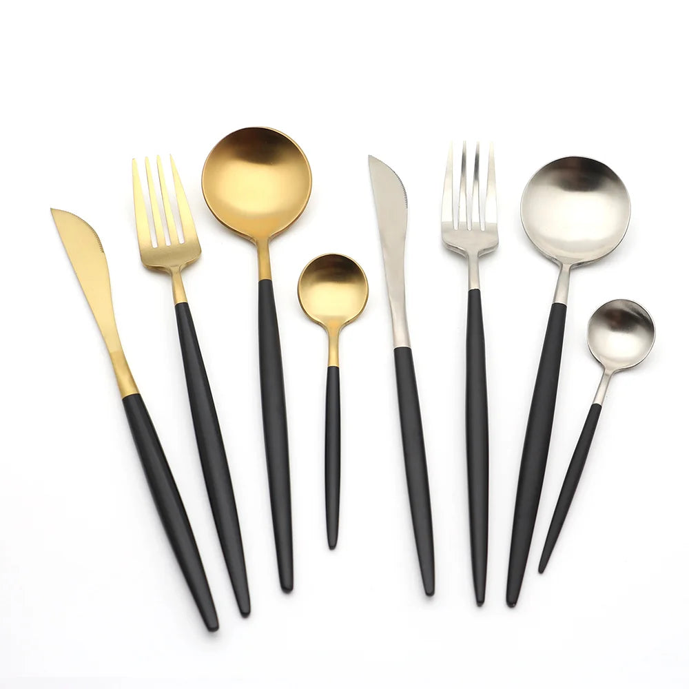 Luxury Tableware 18/10 Hotel Restaurant Matte Black Color Handle Flatware Gold Utensils Stainless Steel Kitchenware Cutlery Set