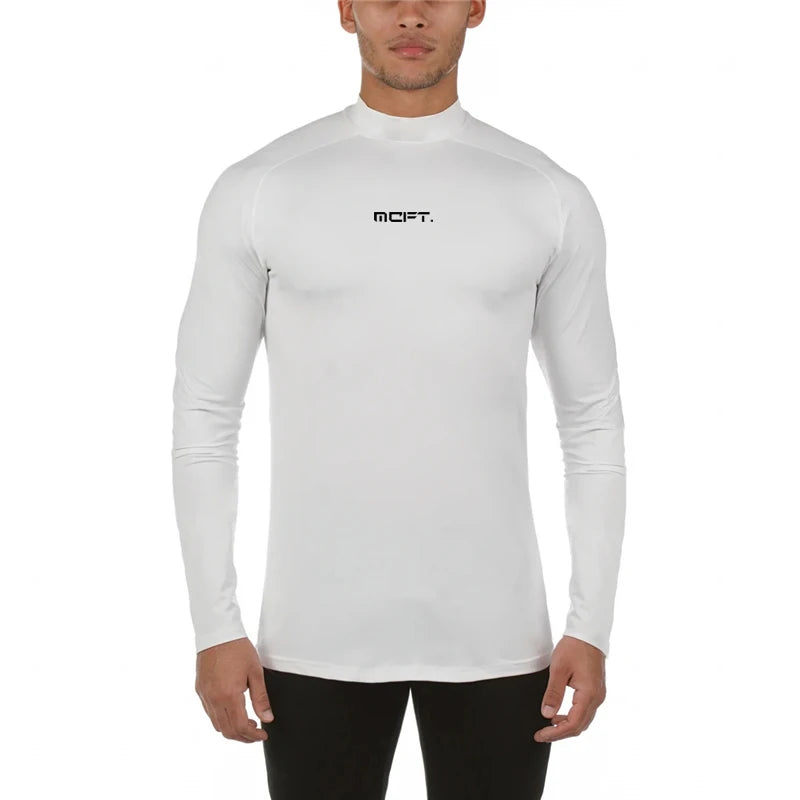 Men's Compression Fall T-Shirt Slim High Neck Print Tops Hip Hop Long Sleeve Clothing Men Fitness Running Tee Shirt 2022