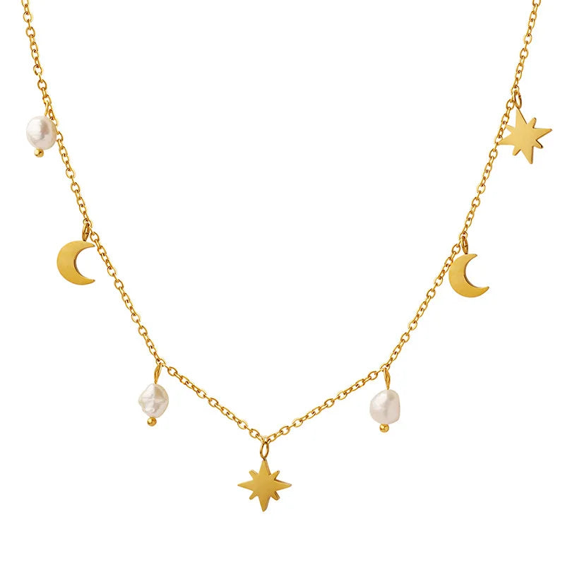 Joolim Trendy Classic Gold Plated Moon Star Real  Fresh Water Pearl Tassel Necklace Stainless Steel Women Jewelry Wholesale