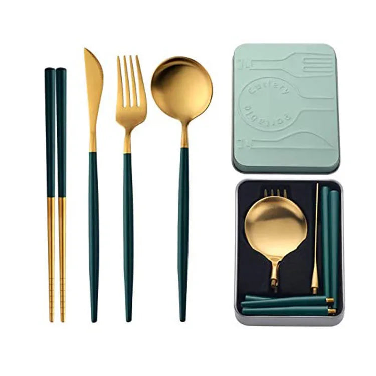 Portable Picnic Tableware Spoon Knife Fork Chopsticks Set Stainless Steel Folding Cutlery for Outdoor