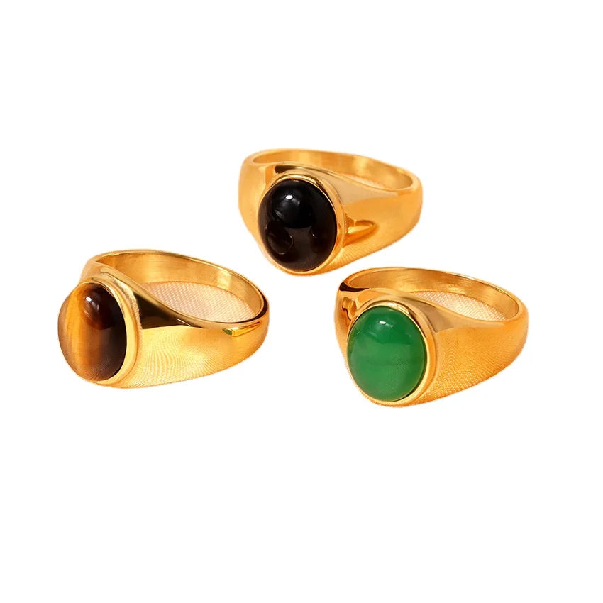Wholesale Trendy Luxury Metal Gem Jewelry Inlaid Tiger Eye Stone Obsidian 18K Gold Plated Stainless Steel Geometric Ring for Men MegaBDM