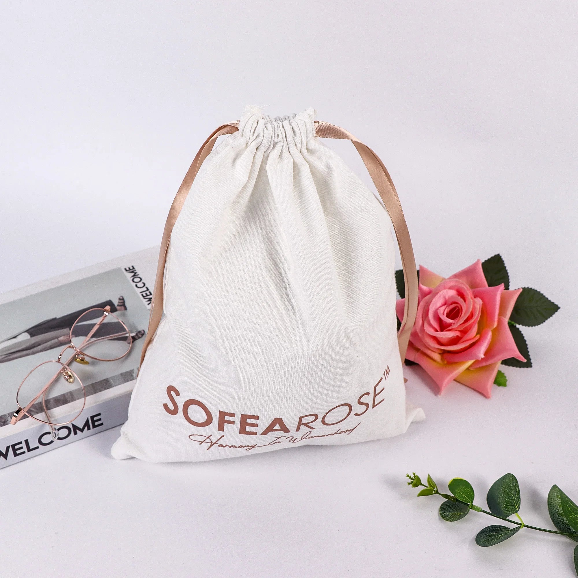 Silk Screen Stylish Modern Organizer Large Durable Canvas Bag with Silk Ribbon Drawstring