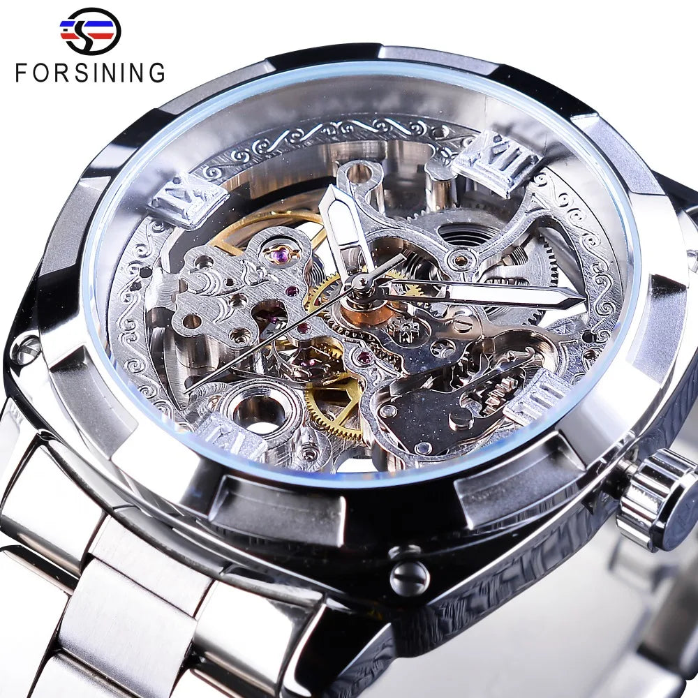 Forsining Watch Men Steel Case Automatic Mechanical Man Clock Vintage Skeleton Engraving Watches Men Luminous Relogio Masculino