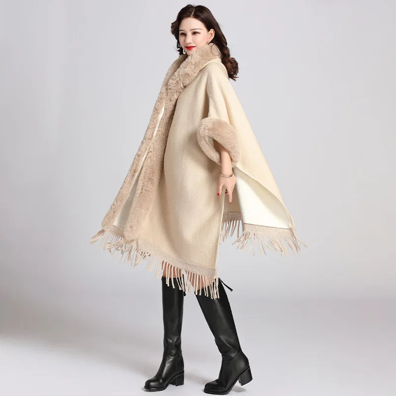 Wholesale Ladies Rabbit Acrylic Faux Fur Scarf Poncho Capes Fall Winter Long Sleeve Women's Knit Cardigan Shawls with Fur Collar