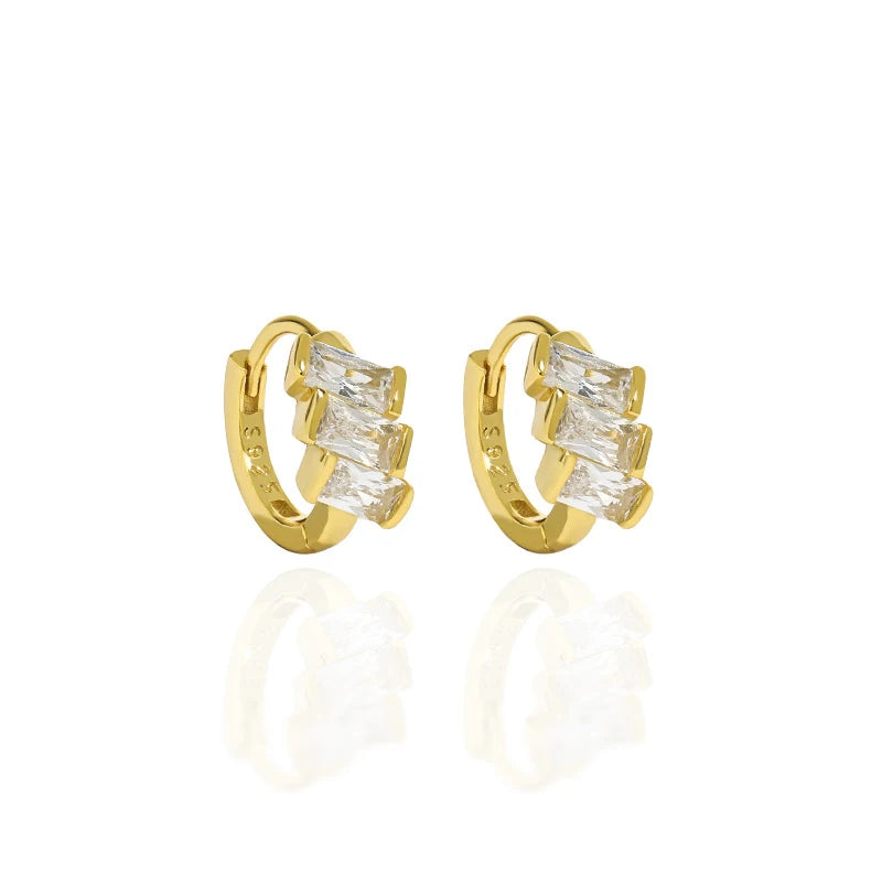 WMM0254 Three Rectangular Square Cubic Zirconia CZ Huggie Hoop 925 Sterling Silver 18k Gold  Earring