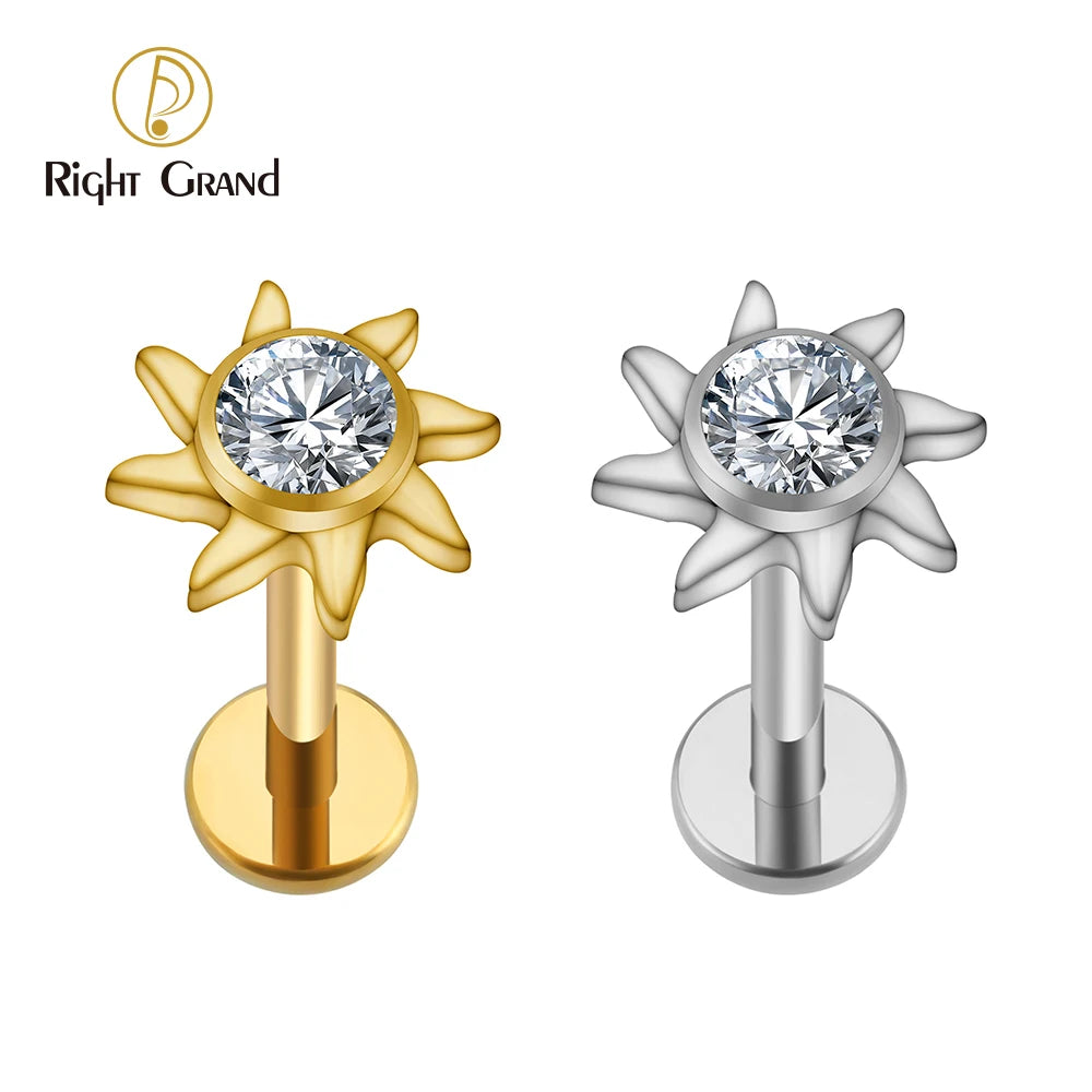 Right Grand ASTM F136 Titanium 16G Sunflower Cartilage Stud Earring with CZ Flower Helix Tragus Conch Piercing Jewelry