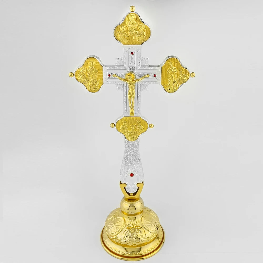 Gold Plated Russia Greece Orthodox Colorful Stones Metal Lord Jesus Christ Standing Crucifix Church Decoration Orthodox Crosses