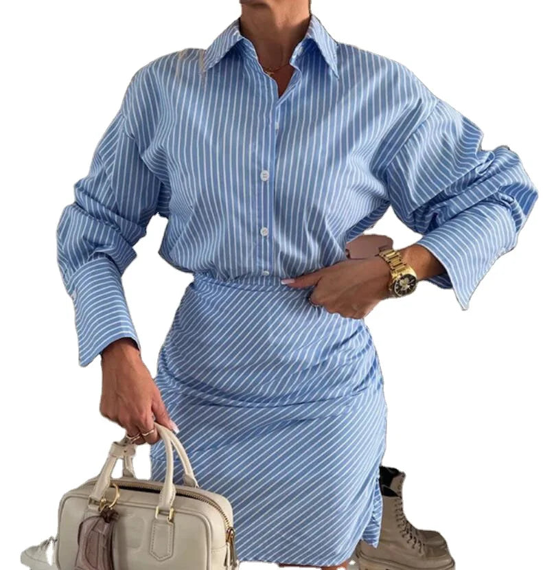 Wholesale Office Stripe Shirt Dresses Women Lapel Long Sleeve Single Breasted Split Dress Spring Summer High Street Lady Vestido
