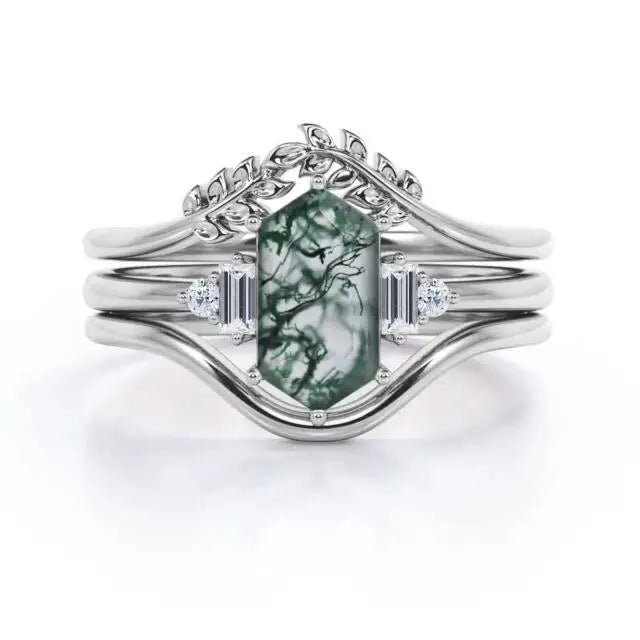 Factory Sale 925 Sterling Silver Cubic Zircon Crystal Geometric Moss Agate Ring