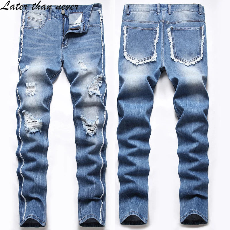 Designer Plus Size Men's Jeans Slim Ripped Hole Denim Blue Jean Pants Motor Cycle Edging Casual Solid Trousers Plain Dyed Street