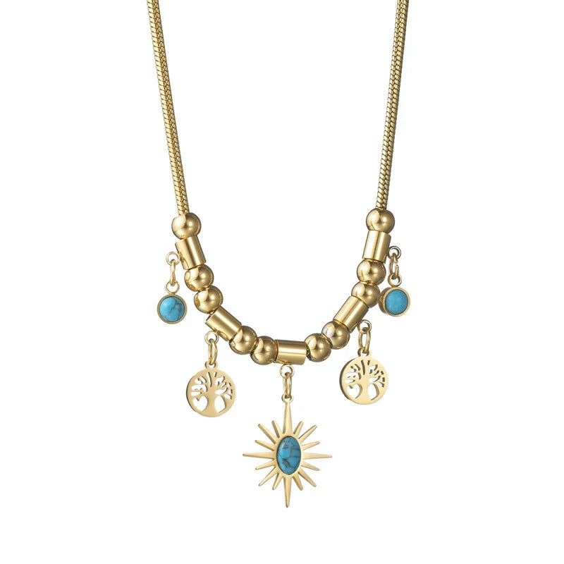 14K Gold Snake Chain Necklace with Fashionable PVD Gold Plated Turquoise Gemstone Star Charm Tree Life Pendant for Weddings