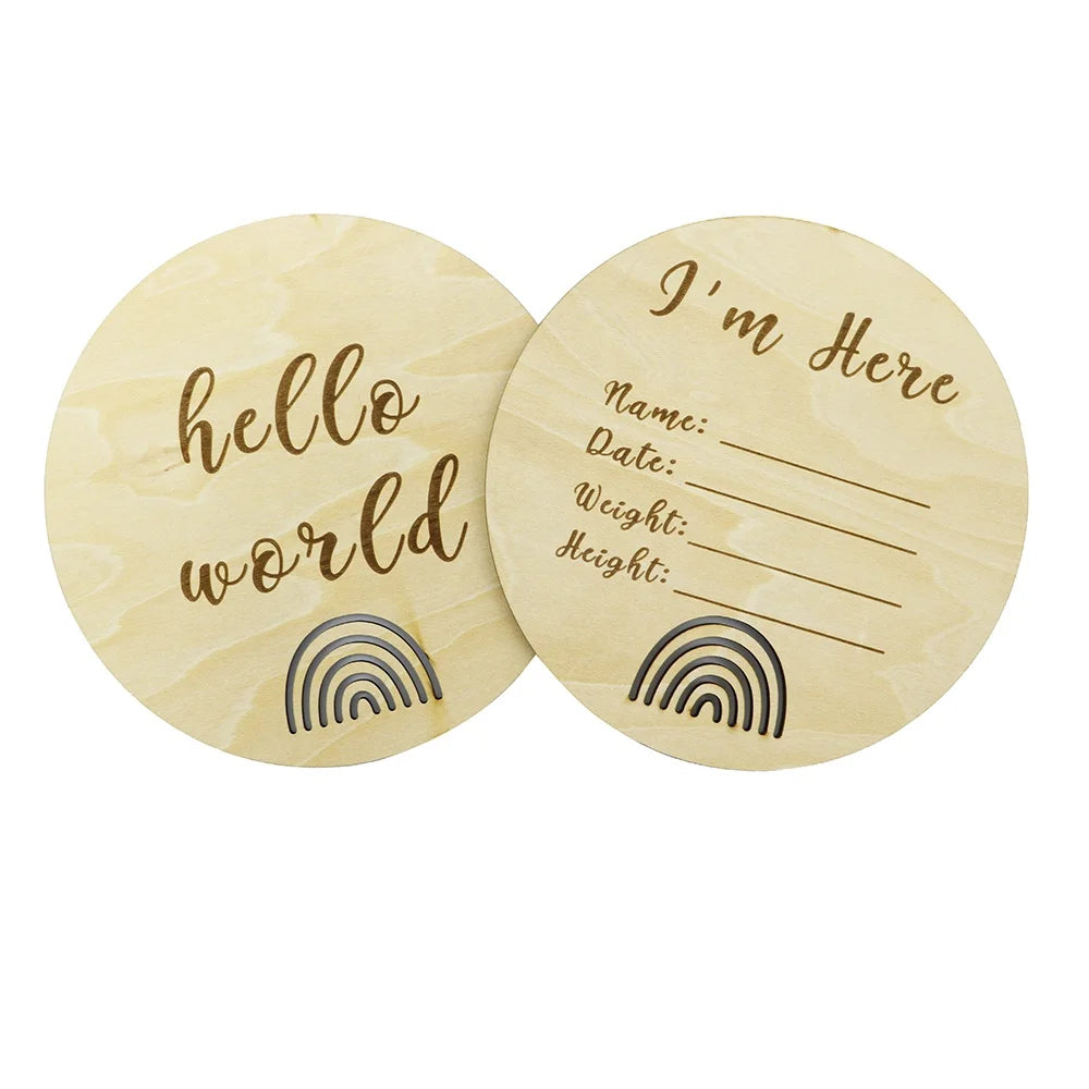 Hello World Rainbow Newborn Announcement Sign Wood Birth Stats Plaque with Engraved Design