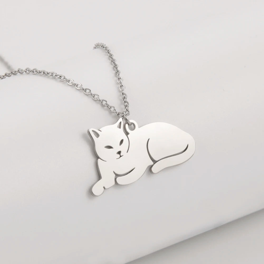 Myshape  Fashion Cat Pendant Necklace for Women Girls Gold Color Chain on the Neck Kitten Animal Stainless Steel Jewelry Gift
