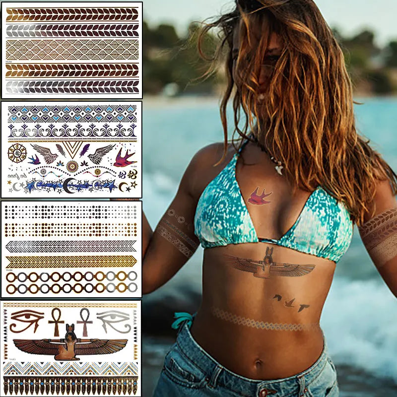 Flash Metallic Waterproof Tattoo Gold Silver Women Fashion Henna Design Temporary Tattoo Sticker