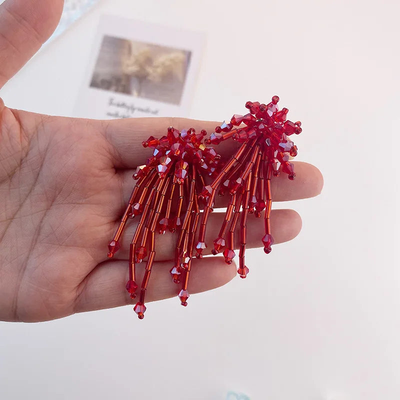 Elegant Women's Luxury Earrings Solid Crystal Tassel Spring Summer Vintage Beaded Earrings Jewelry Women