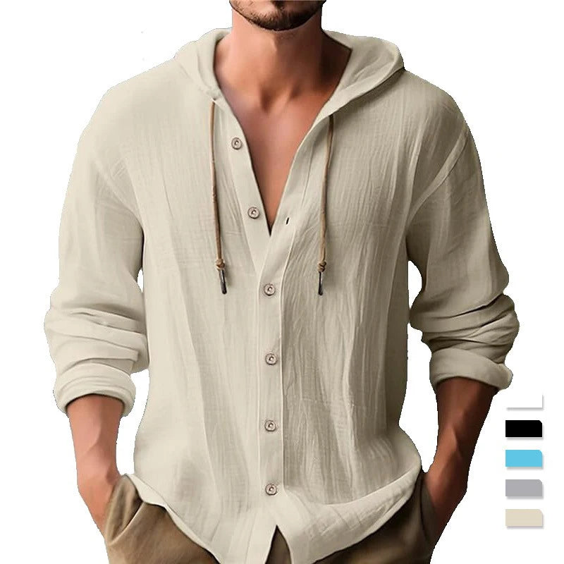 Custom Men's Casual Linen Cotton Jacket Spring Summer Long-Sleeved Top Cross-Border Hooded T-Shirt Solid Color Embroidered