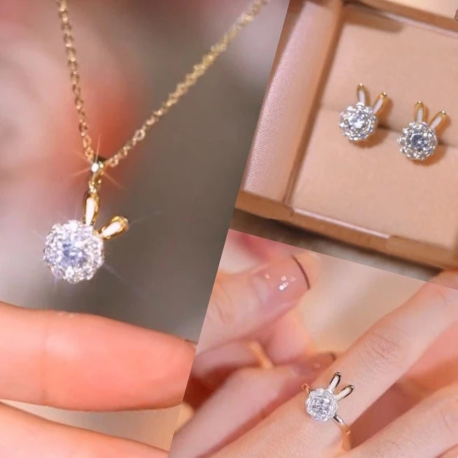 DAIHE Fashion Rabbit Ears and Spinning Diamonds Necklace Earrings Ring Three-Pieces Set