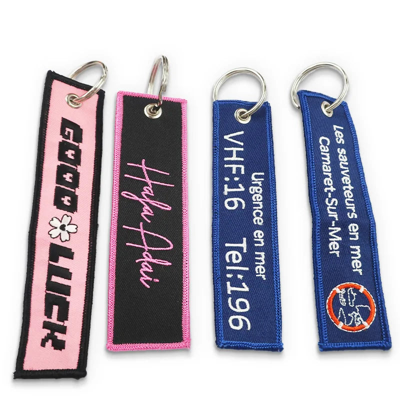 Custom Short Lanyard Embroidered Patch Keyring Key Chain Fabric Hat Woven Keychain Embroidered Jet Tag
