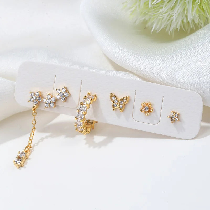 Women's Non-Allergic Jewelry Earrings Set Ear Studs Gold Plated Zircon Inlaid Mini Butterfly Flower Post Stud Earrings Wholesale