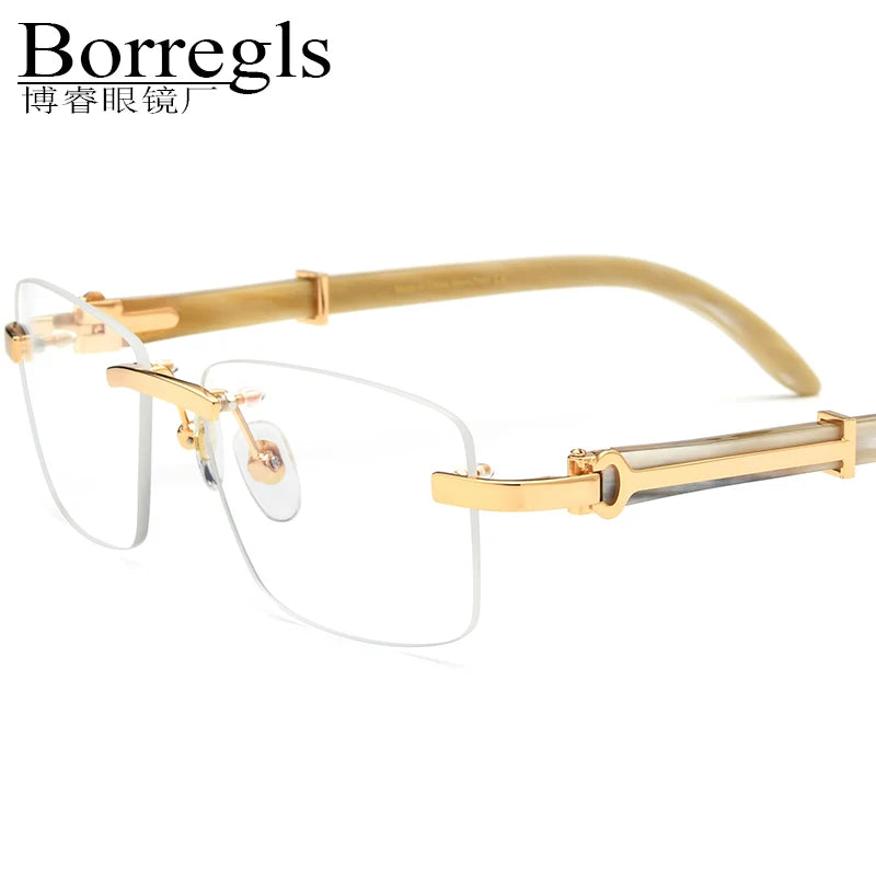 Borregls Buffalo Horn Glasses Men Brand Design Square Buffs Eyeglasses Frame Women Rimless Frameless Optical Eyewear 150251