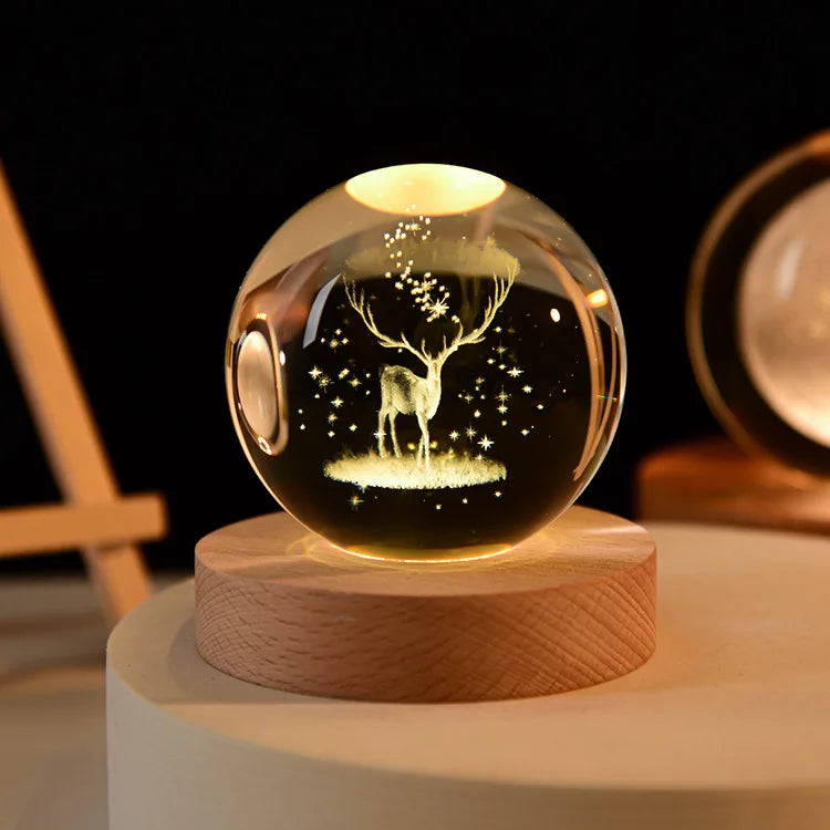3D USB Xmas Carved Christmas Tree ELK Glass Crystal Ball Night Light Lamp Led Lights Wood Base Christmas Lights Decoration Gift