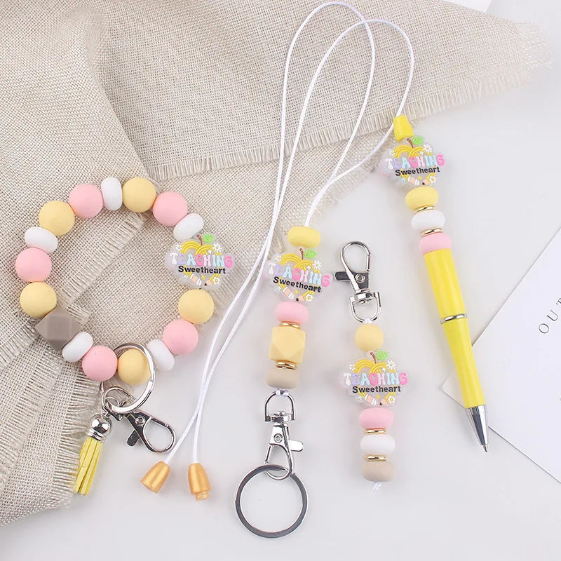 2025 New Teacher's Day Letter Charm Silicone Bead Bracelet Keychain with Tassel