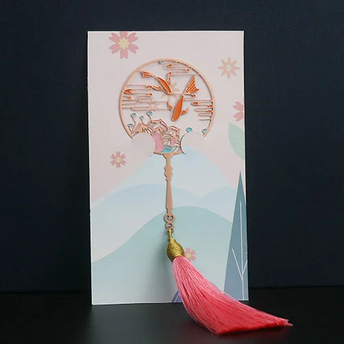 Chinese Style Hollow Metal Peafowl Bookmark Cute Cat Rabbit Deer Koi Fish Brass Tassel Retro Book Mark Teachers Student Gift