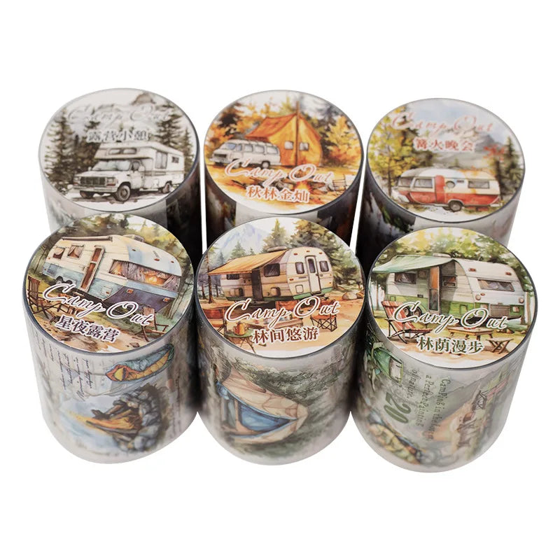 1Roll Water Activated Masking Tape Forest Adventure Series Camping Theme DIY Handbook Decorative Backing Collage