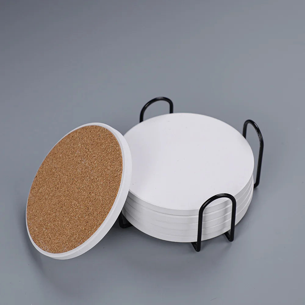 Round Contemporary Ceramic Coasters Set Absorbent Eco-Friendly Cork Back Customizable White Blank Coasters 2 Pcs