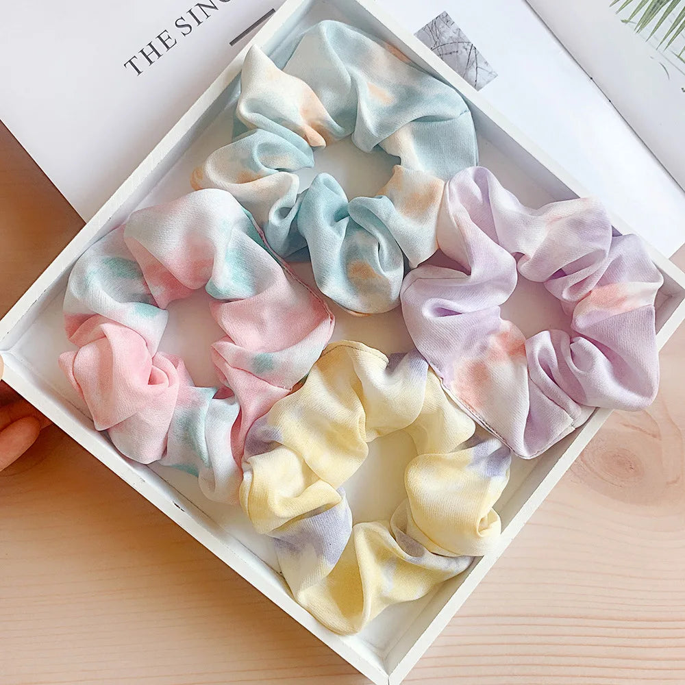 Bright Color Silk Scrunchie Set Women Elastic Hair Bands Tie Dye Crunchy Hair Ties