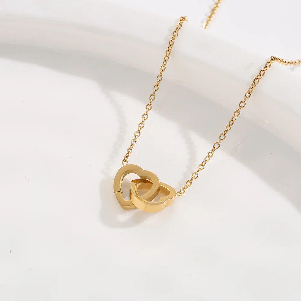 18K Gold Cute Double Ring Love Hearts Necklaces Fashion Stainless Steel Jewelry Do Not Fade Color Titanium Steel Accessories